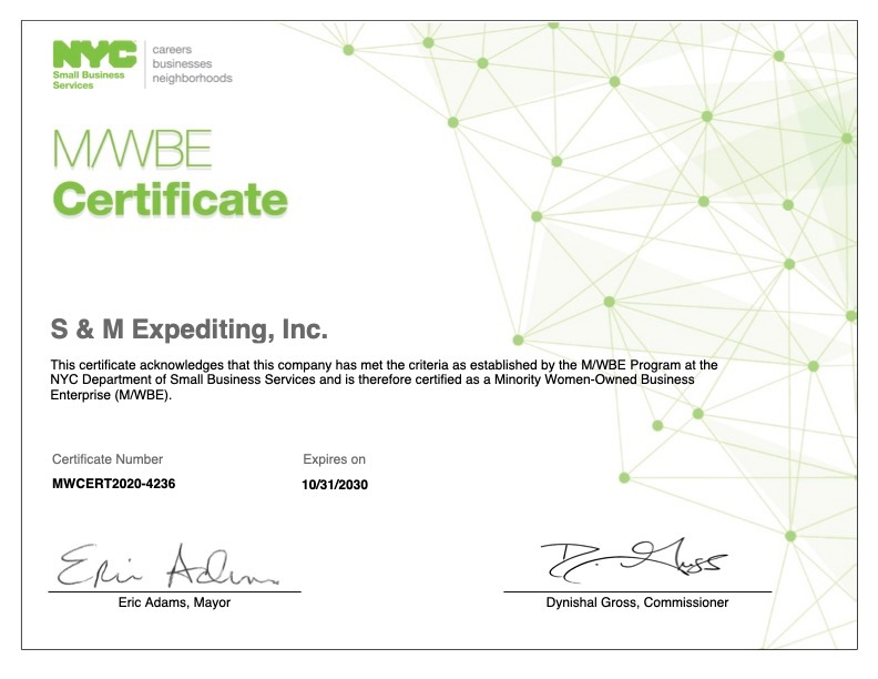 NYC Department of Small Business Services MWBE certificate for S & M Expediting, MWCERT2020-4236.